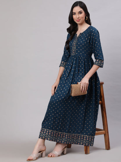 Women's Wome Teal Blue Ethinc Printed Flared Dress With Three Quarter sleeves