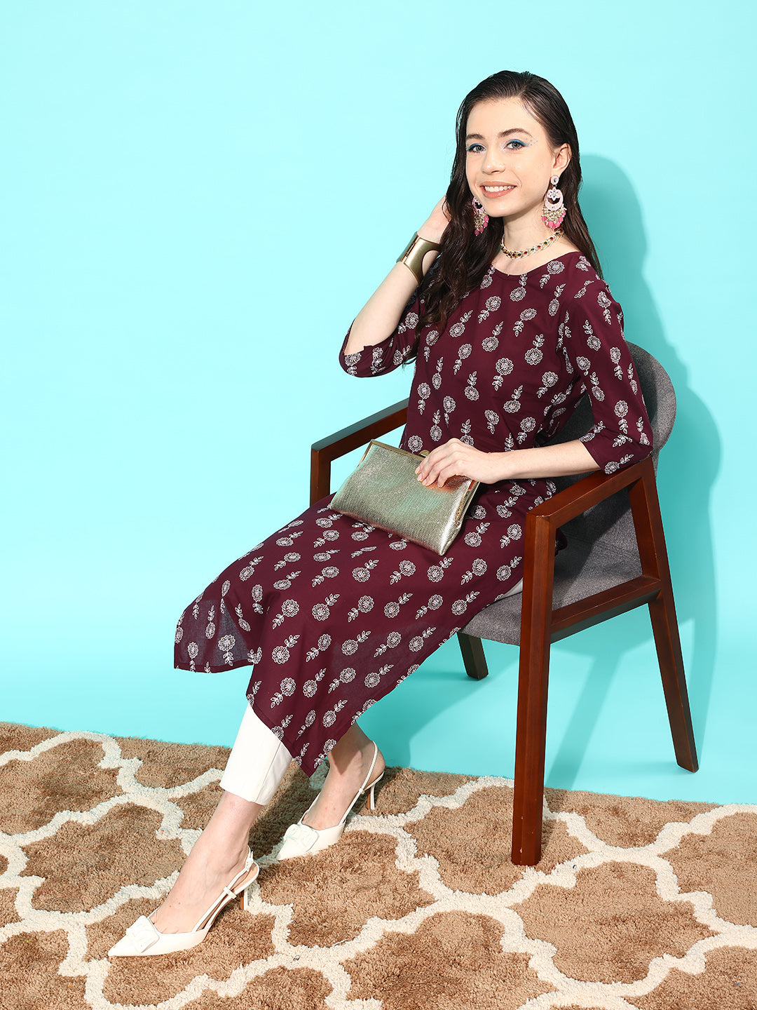 Women's Burgundy Ethnic Printed Straight Kurta with Three Quarter Sleeves