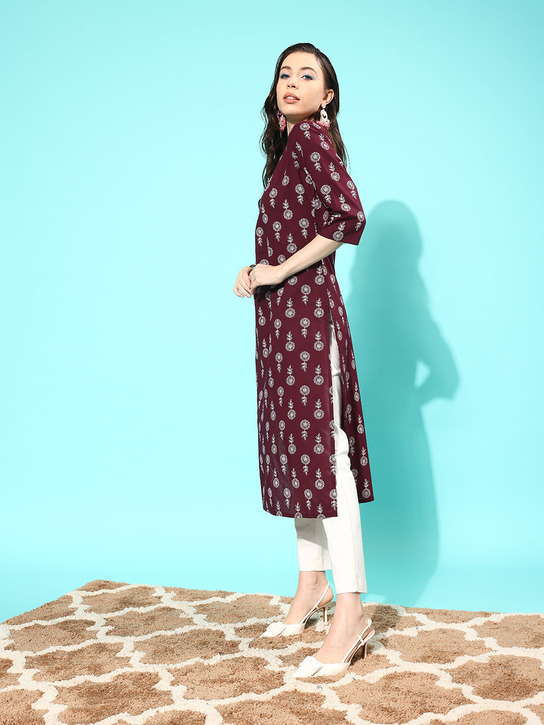 Women's Burgundy Ethnic Printed Straight Kurta with Three Quarter Sleeves