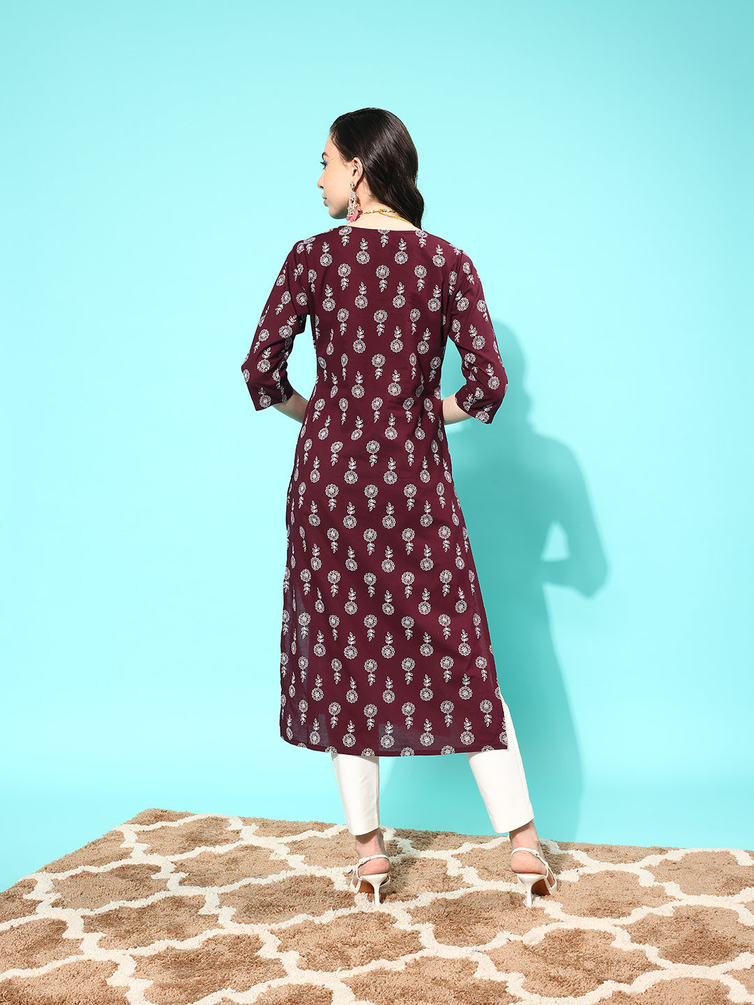 Women's Burgundy Ethnic Printed Straight Kurta with Three Quarter Sleeves