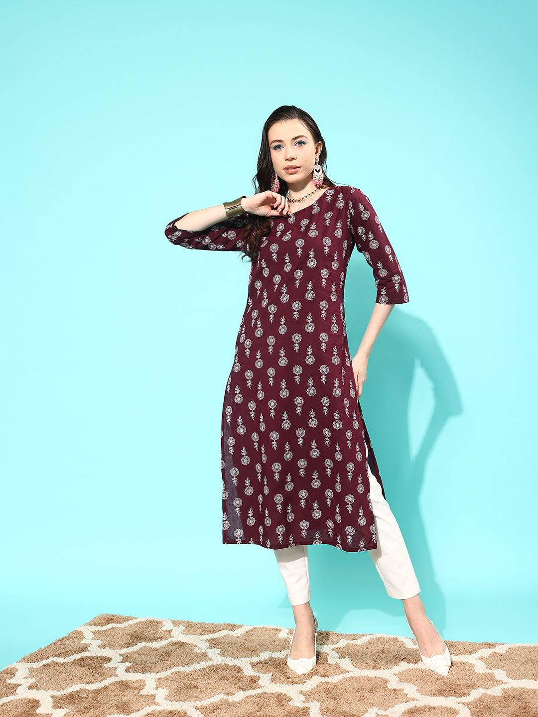 Women's Burgundy Ethnic Printed Straight Kurta with Three Quarter Sleeves