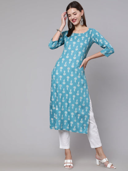 Women's Blue Ethnic Printed Straight Kurta with Three Quarter Sleeves