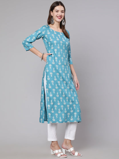 Women's Blue Ethnic Printed Straight Kurta with Three Quarter Sleeves