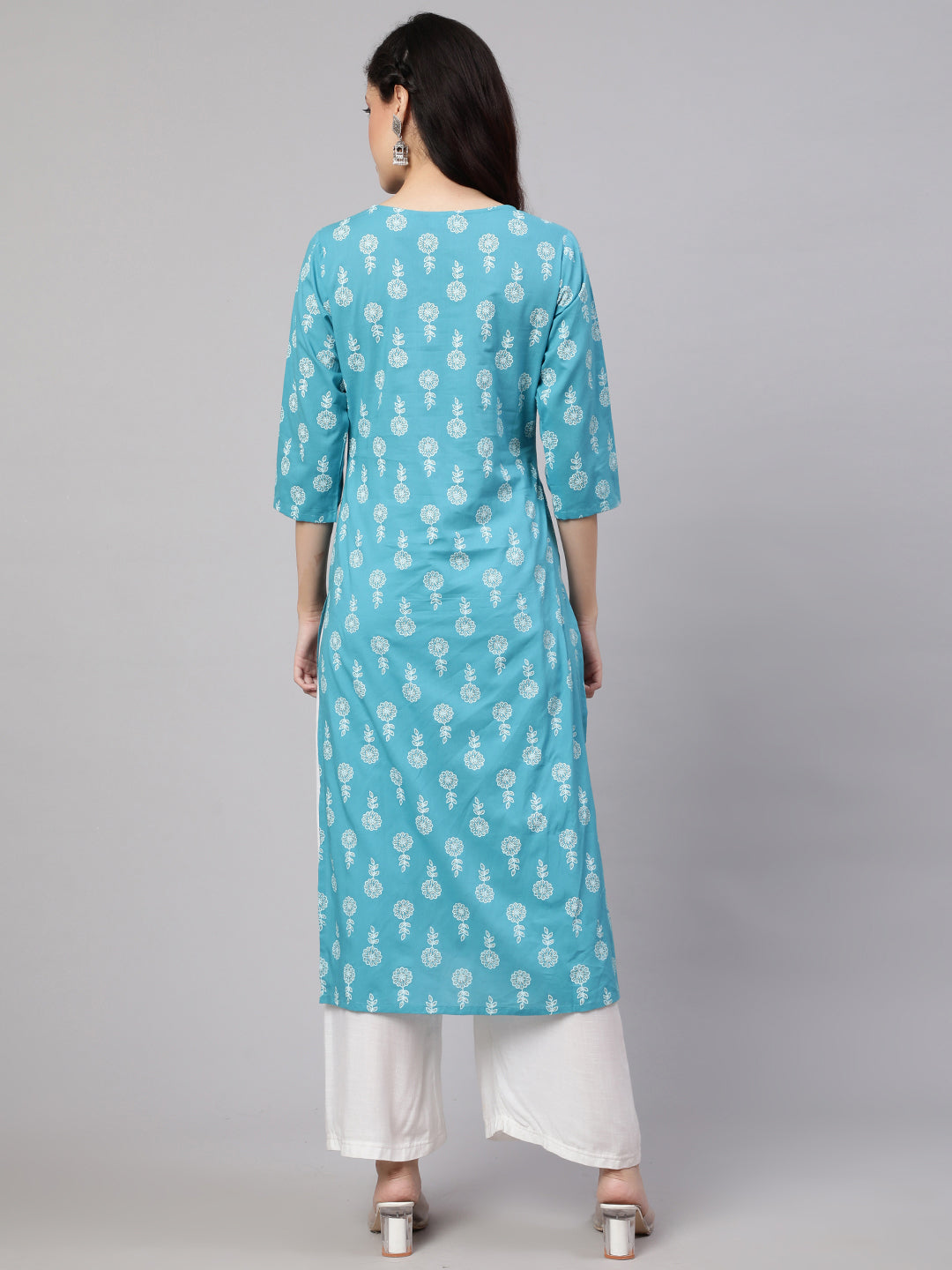 Women's Blue Ethnic Printed Straight Kurta with Three Quarter Sleeves