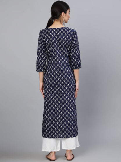 Women's Navy Blue & White Ethnic Motifs Printed Thread Work Cotton Kurta