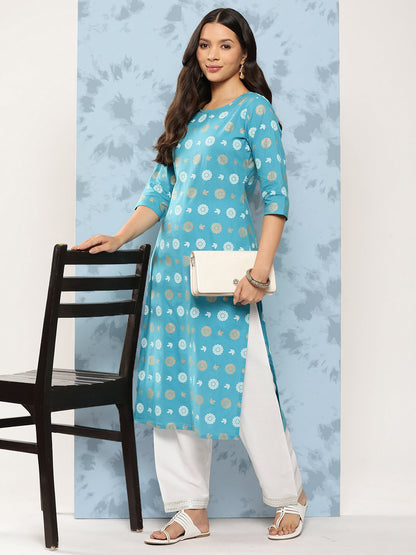 Women's Blue Ethnic Printed Straight Kurta with Three Quarter Sleeves