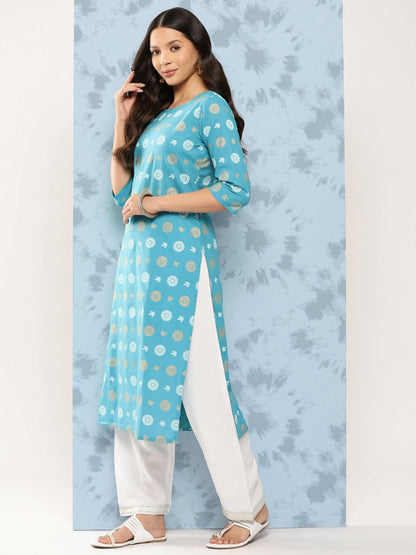 Women's Blue Ethnic Printed Straight Kurta with Three Quarter Sleeves