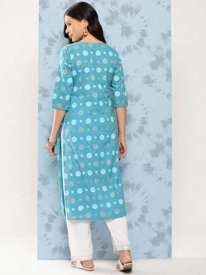 Women's Blue Ethnic Printed Straight Kurta with Three Quarter Sleeves