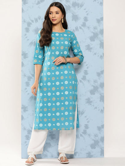 Women's Blue Ethnic Printed Straight Kurta with Three Quarter Sleeves
