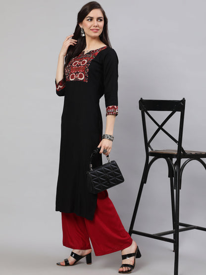 Women's Black Printed Yoke straight Kurta With three qurter sleeves