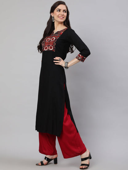 Women's Black Printed Yoke straight Kurta With three qurter sleeves