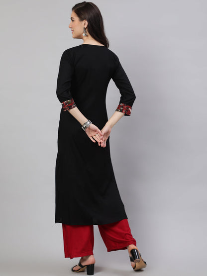 Women's Black Printed Yoke straight Kurta With three qurter sleeves