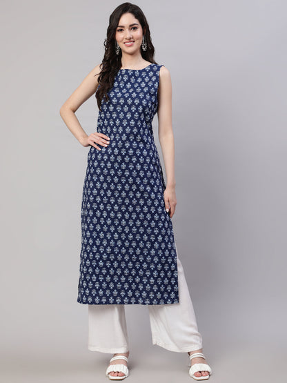 Women's Blue Ethnic Straight Sleeveless Kurta