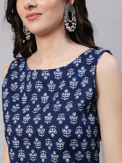 Women's Blue Ethnic Straight Sleeveless Kurta