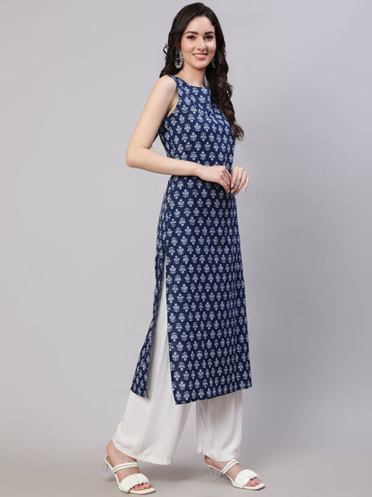 Women's Blue Ethnic Straight Sleeveless Kurta