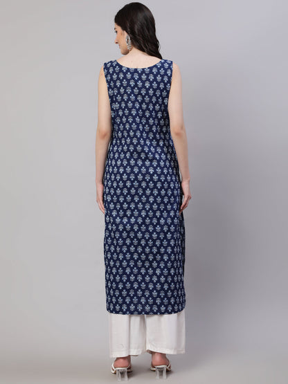Women's Blue Ethnic Straight Sleeveless Kurta