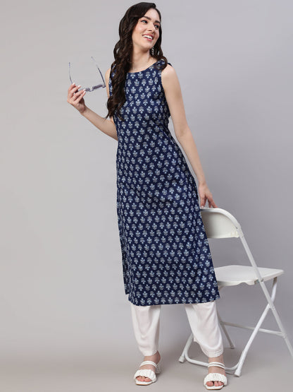 Women's Blue Ethnic Straight Sleeveless Kurta