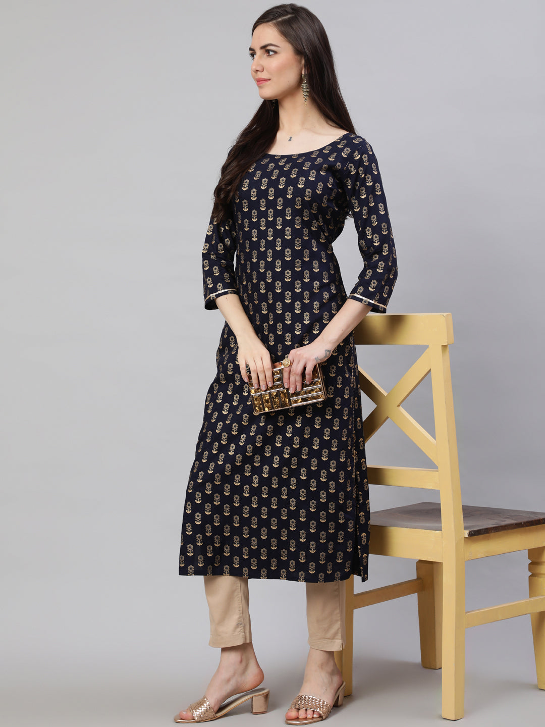 Women's Navy Blue Ethnic Printed Straight Kurta with Three Quarter Sleeves