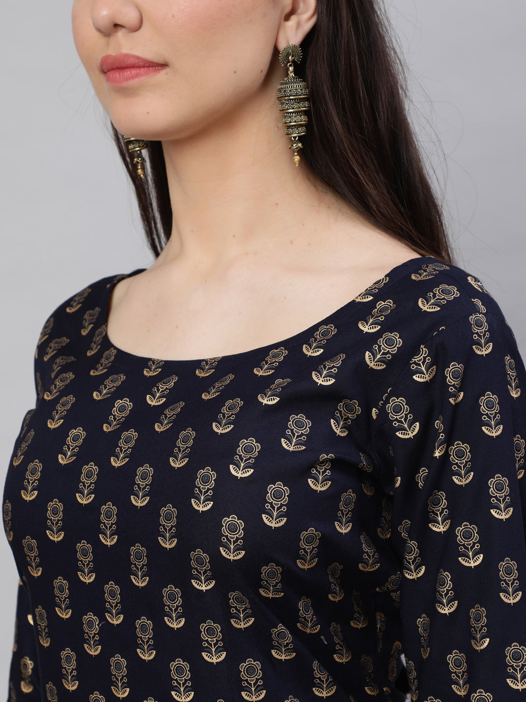Women's Navy Blue Ethnic Printed Straight Kurta with Three Quarter Sleeves