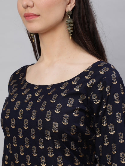 Women's Navy Blue Ethnic Printed Straight Kurta with Three Quarter Sleeves
