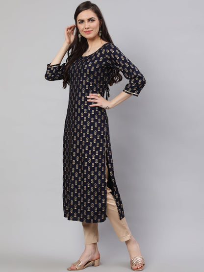 Women's Navy Blue Ethnic Printed Straight Kurta with Three Quarter Sleeves