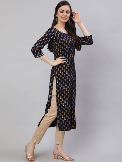 Women's Navy Blue Ethnic Printed Straight Kurta with Three Quarter Sleeves