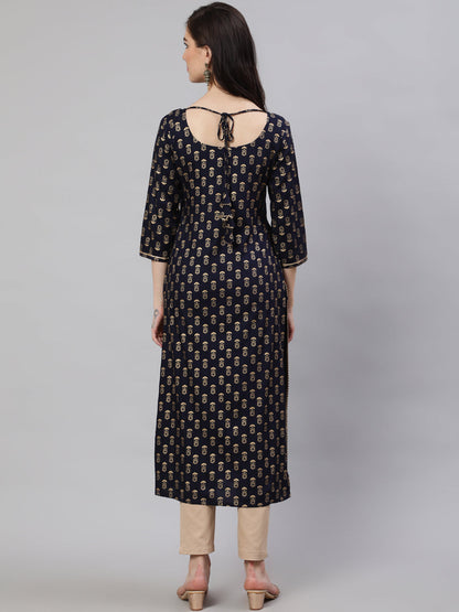 Women's Navy Blue Ethnic Printed Straight Kurta with Three Quarter Sleeves