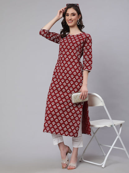 Women's Maroon Printed Straight Kurta With Three Quarter Sleeves