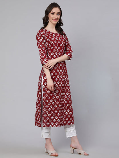 Women's Maroon Printed Straight Kurta With Three Quarter Sleeves