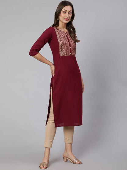 Women's Burgundy Straight Kurta With Three Quarter Sleeves