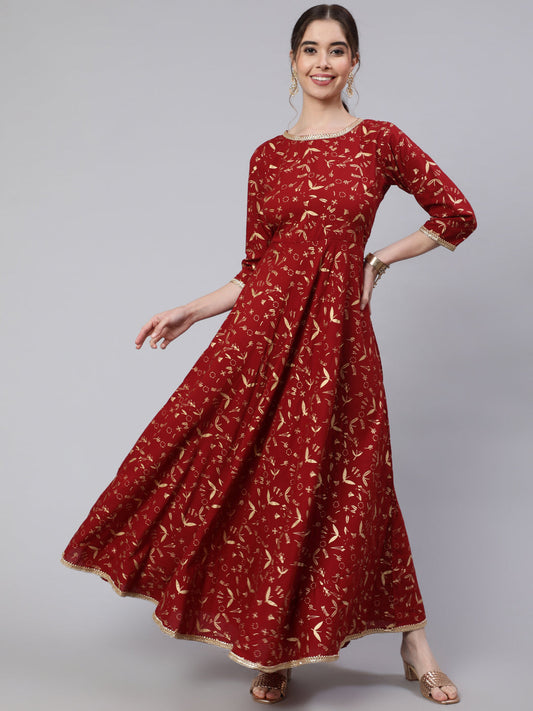 Women's Wome Maroon Printed Flared Dress With Three quarter Sleeves