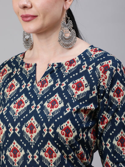 Women's Blue Ethnic Printed Straight Kurta With Three Quarter Sleeves