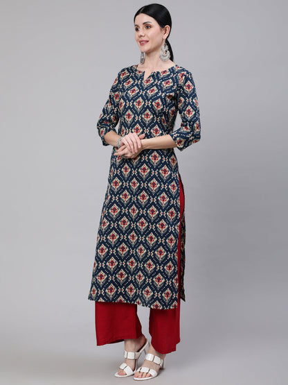 Women's Blue Ethnic Printed Straight Kurta With Three Quarter Sleeves