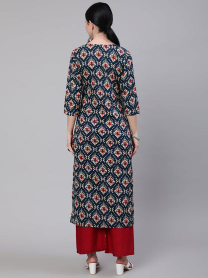 Women's Blue Ethnic Printed Straight Kurta With Three Quarter Sleeves