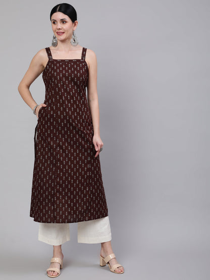 Women's Brown Ikat Printed Straight Kurta With Shoulder Straps