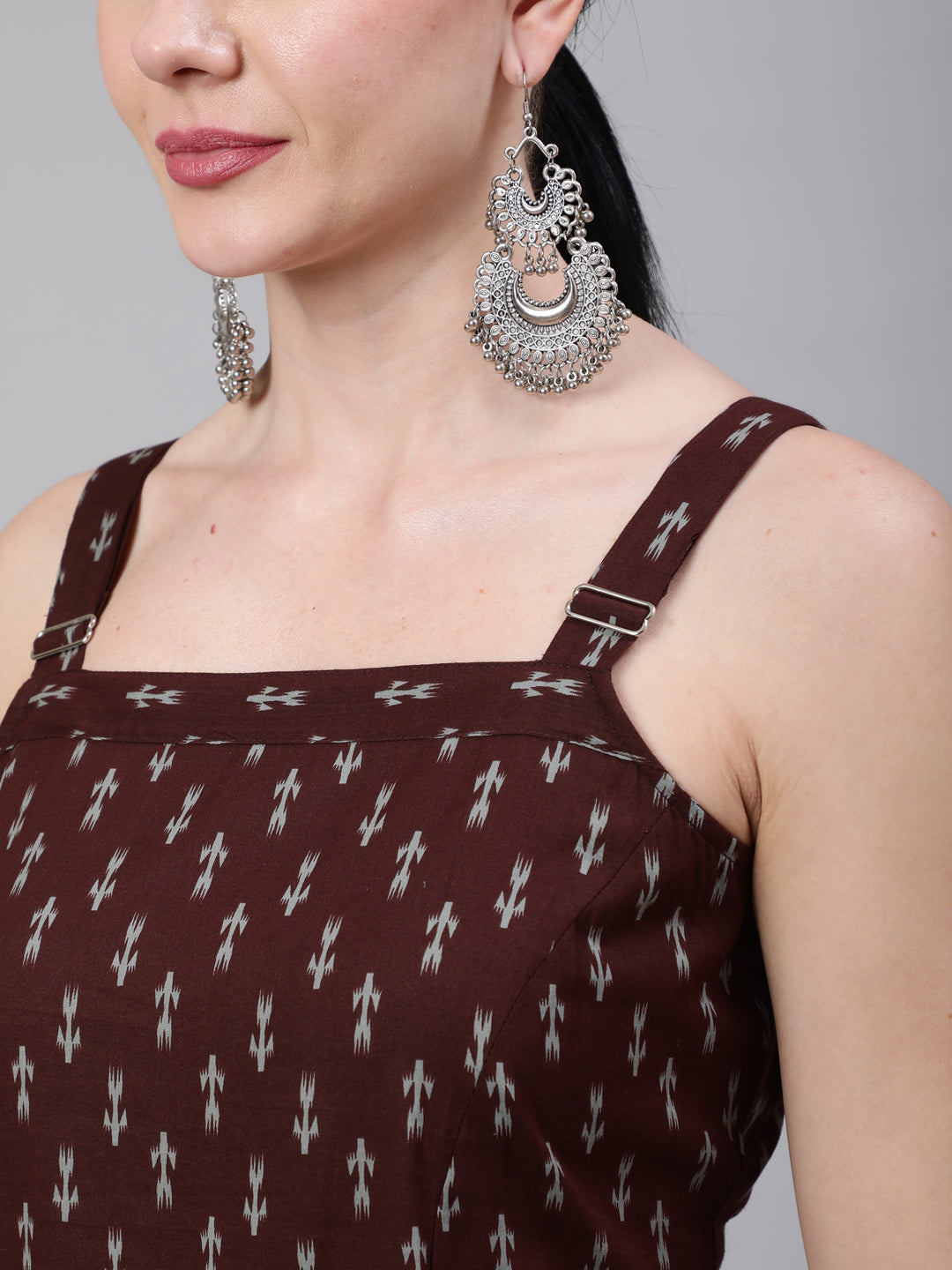 Women's Brown Ikat Printed Straight Kurta With Shoulder Straps