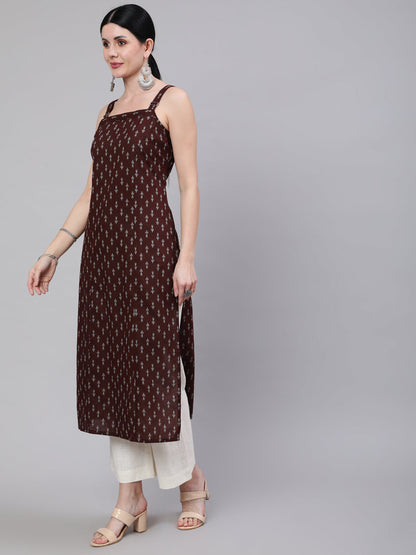 Women's Brown Ikat Printed Straight Kurta With Shoulder Straps