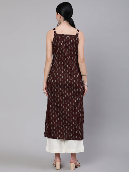 Women's Brown Ikat Printed Straight Kurta With Shoulder Straps