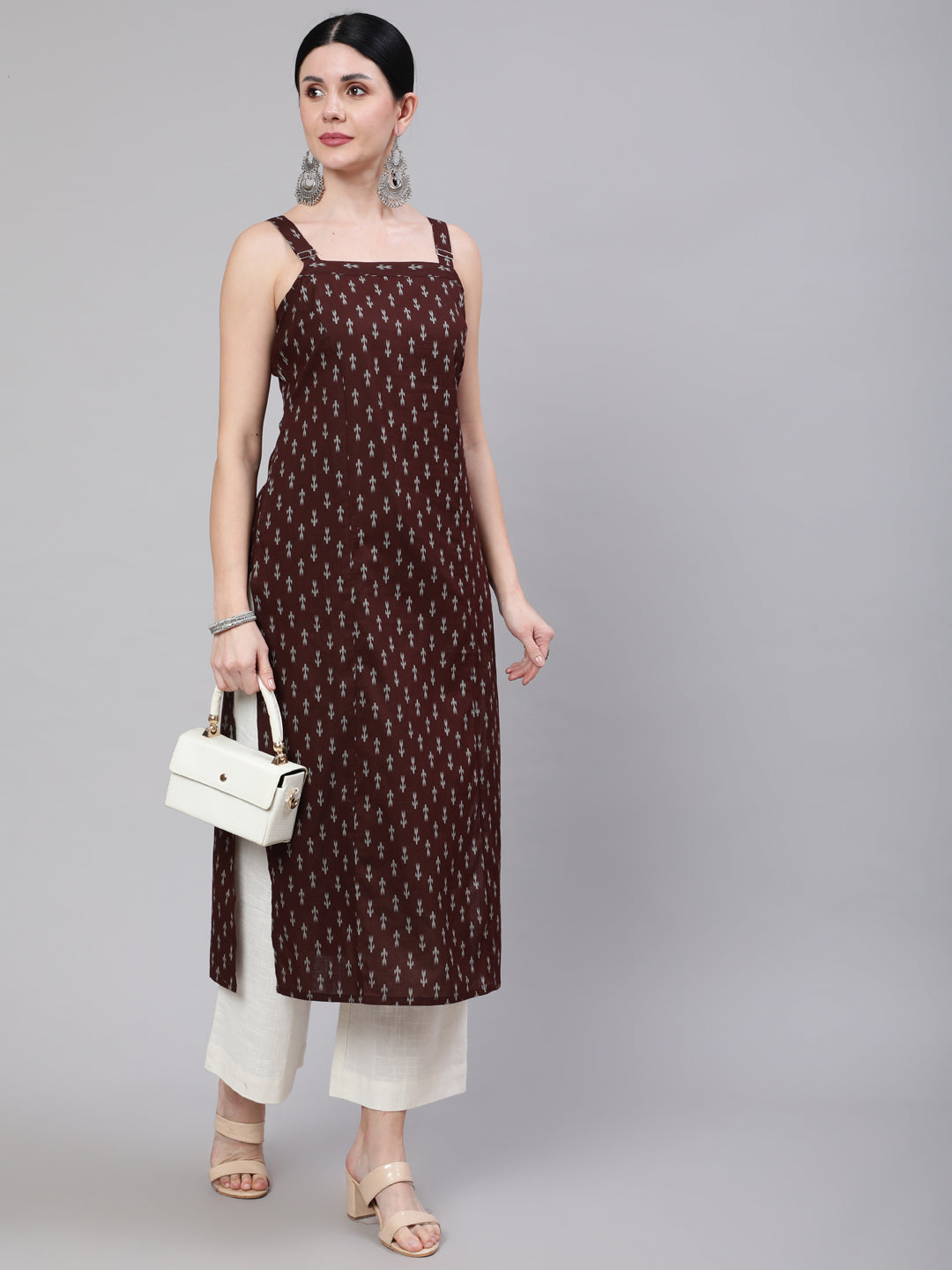 Women's Brown Ikat Printed Straight Kurta With Shoulder Straps
