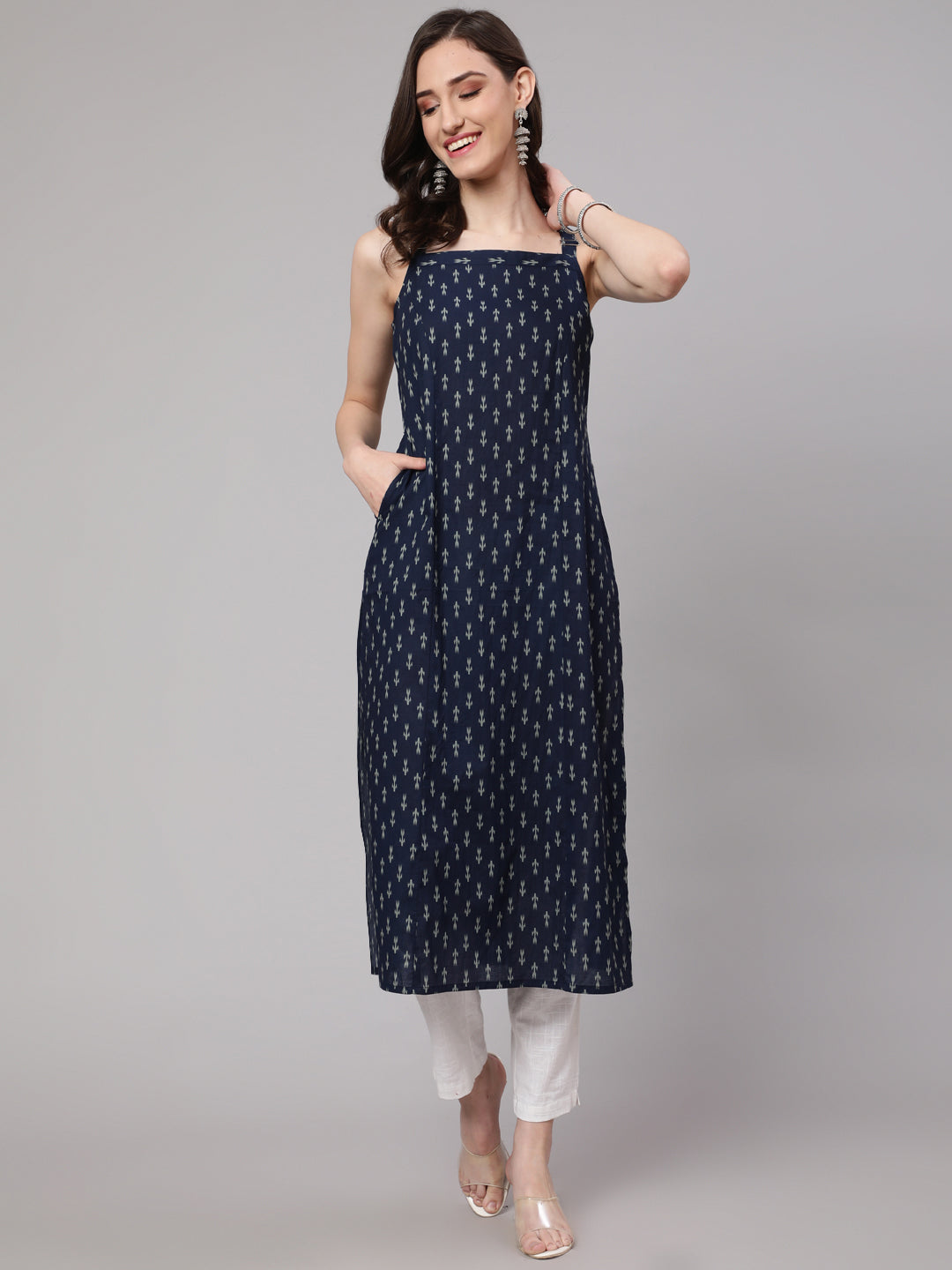Women's Blue Ikat Printed Straight Kurta With Shoulder Straps
