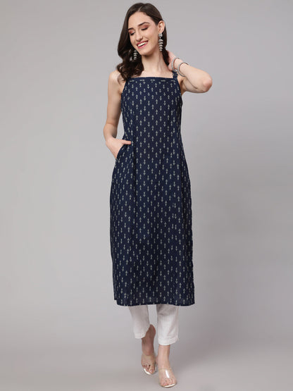 Women's Blue Ikat Printed Straight Kurta With Shoulder Straps