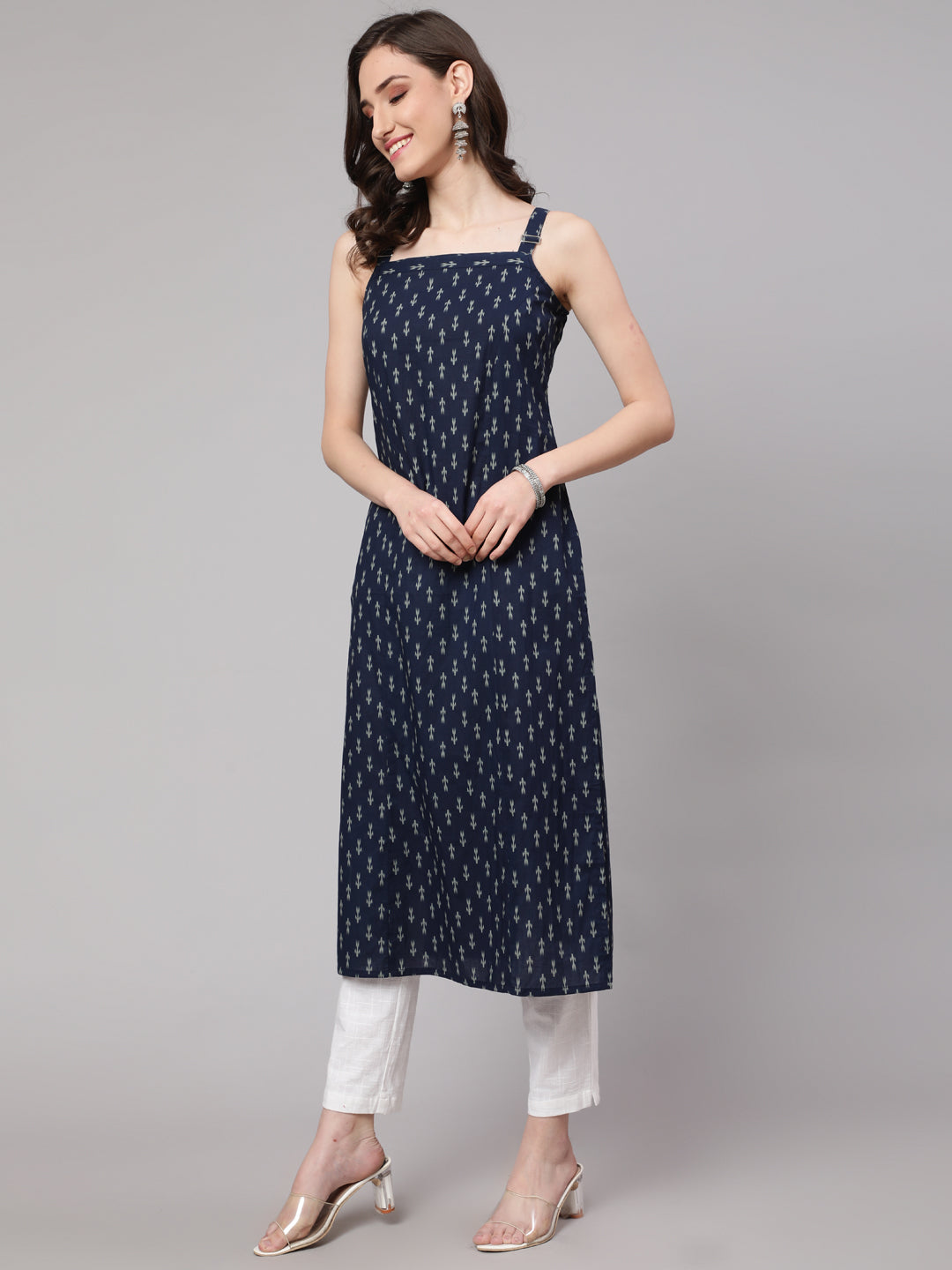 Women's Blue Ikat Printed Straight Kurta With Shoulder Straps