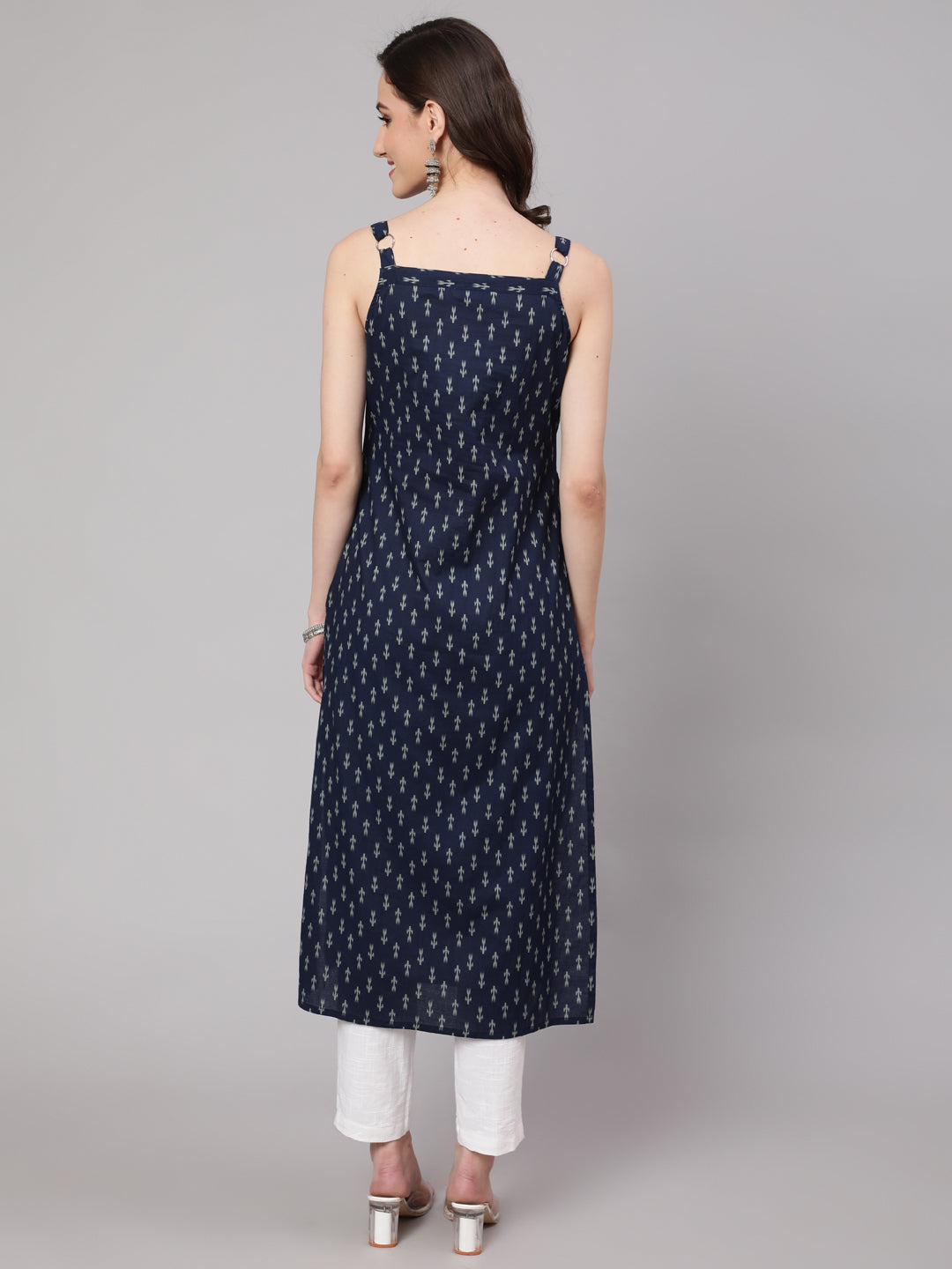 Women's Blue Ikat Printed Straight Kurta With Shoulder Straps