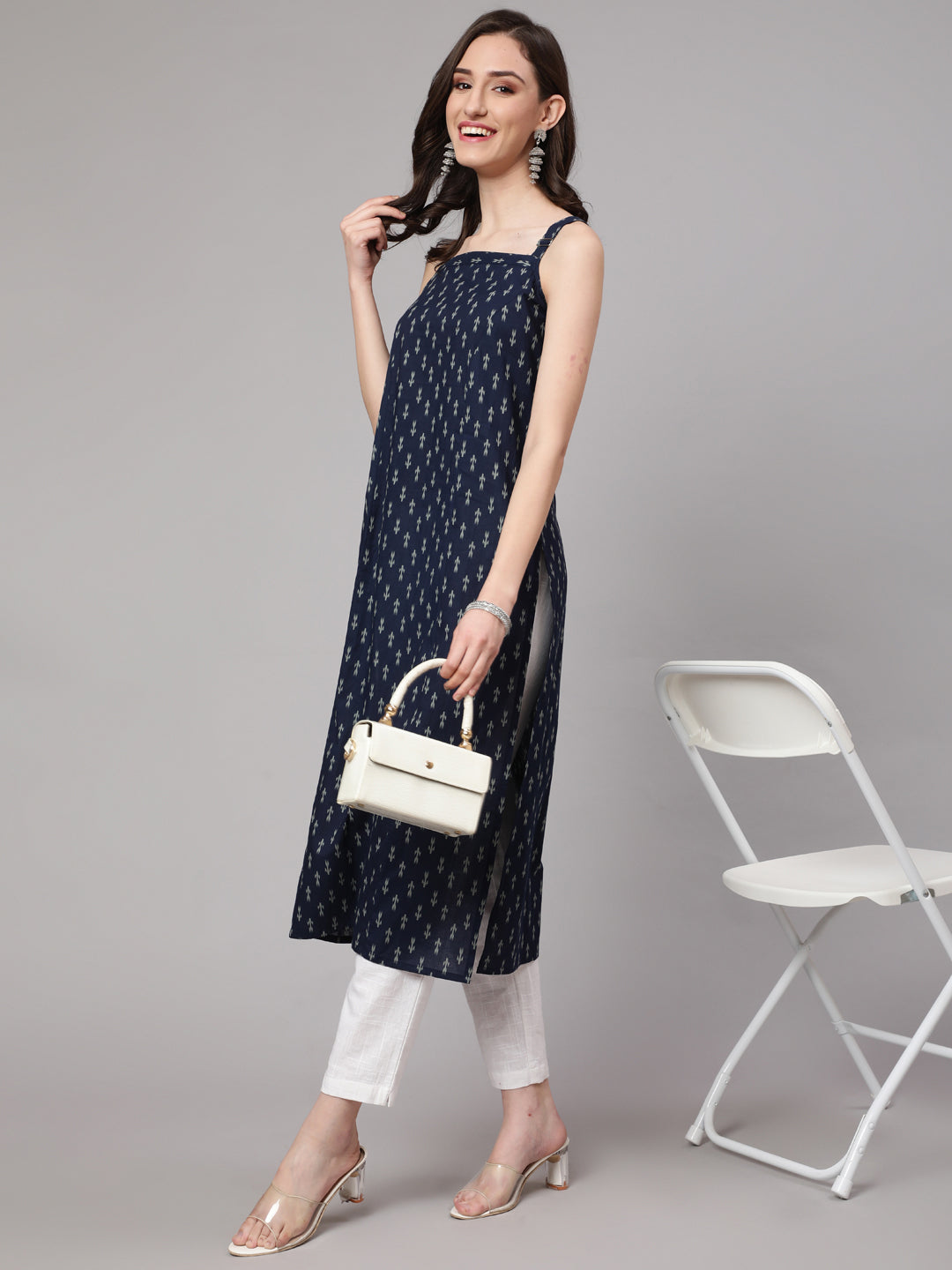 Women's Blue Ikat Printed Straight Kurta With Shoulder Straps