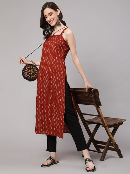 Women's Rust Ikat Printed Straight Kurta With Shoulder Straps