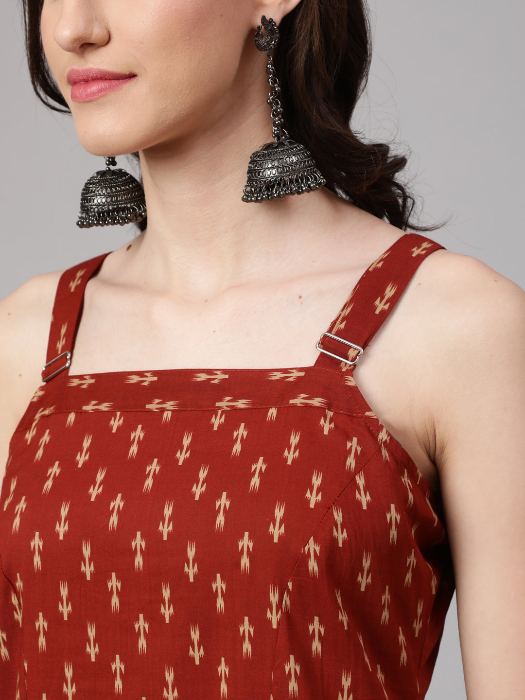 Women's Rust Ikat Printed Straight Kurta With Shoulder Straps
