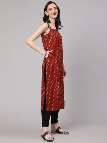Women's Rust Ikat Printed Straight Kurta With Shoulder Straps