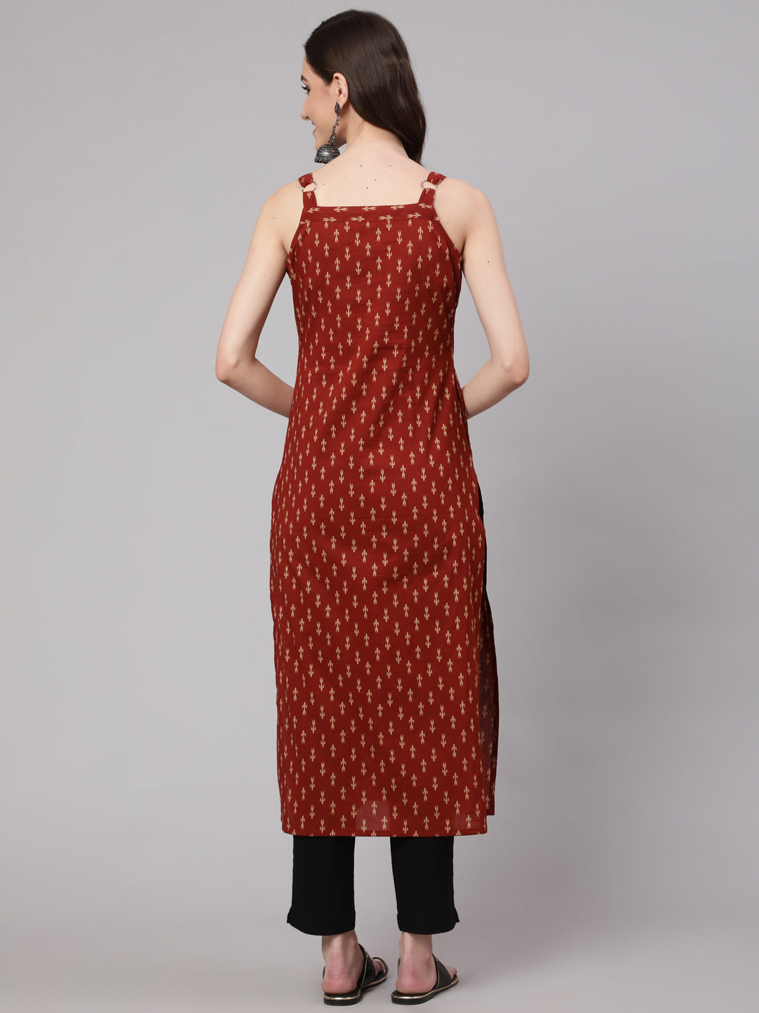 Women's Rust Ikat Printed Straight Kurta With Shoulder Straps