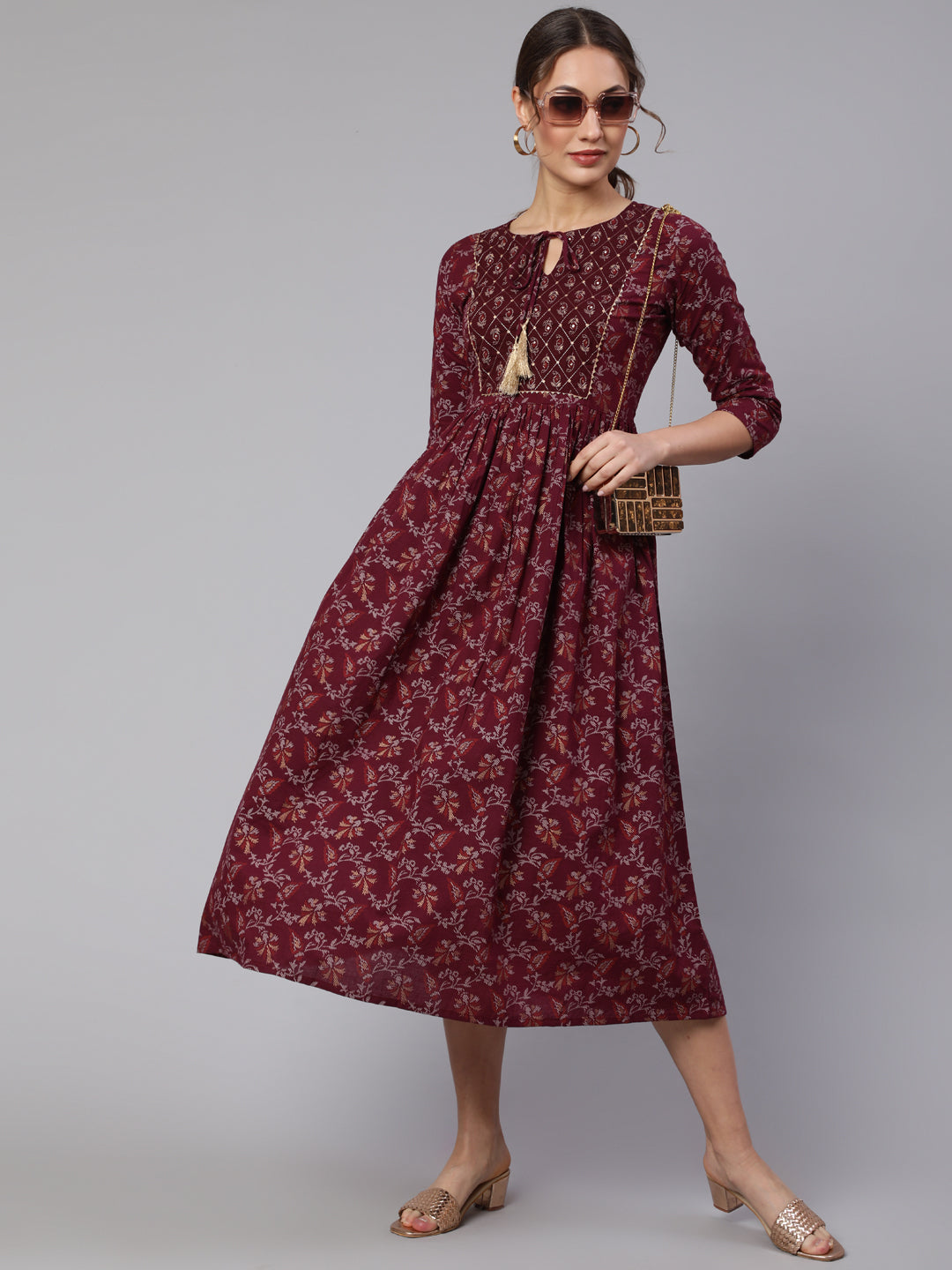 Women's Wome Burgundy Printed Flared Dress With Three quarter Sleeves