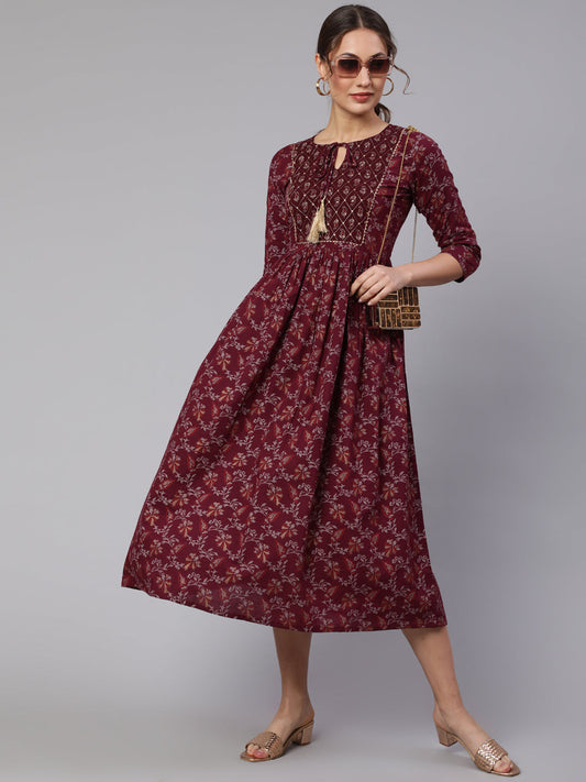 Women's Wome Burgundy Printed Flared Dress With Three quarter Sleeves